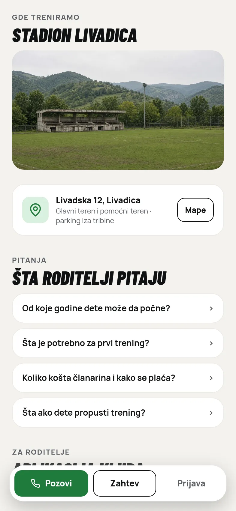 Javna strana kluba: fotografija stadiona, adresa i dugme za mape.