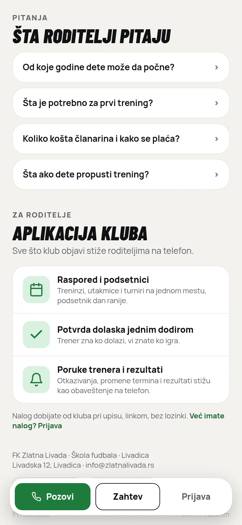 Javna strana kluba: pitanja roditelja i šta aplikacija kluba šalje roditeljima.
