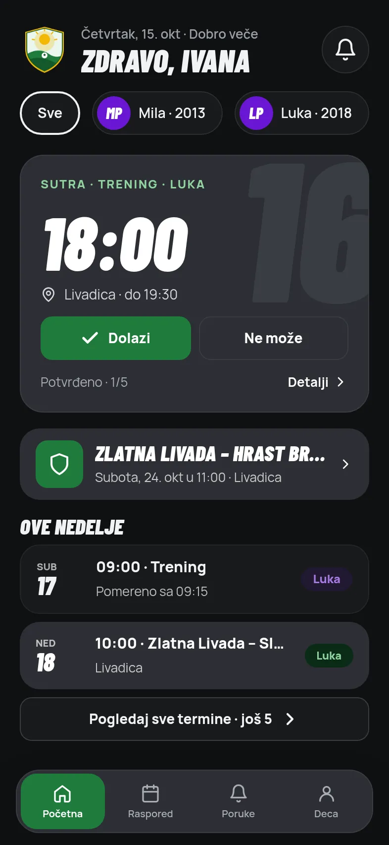 Početna strana roditelja u aplikaciji demo kluba.