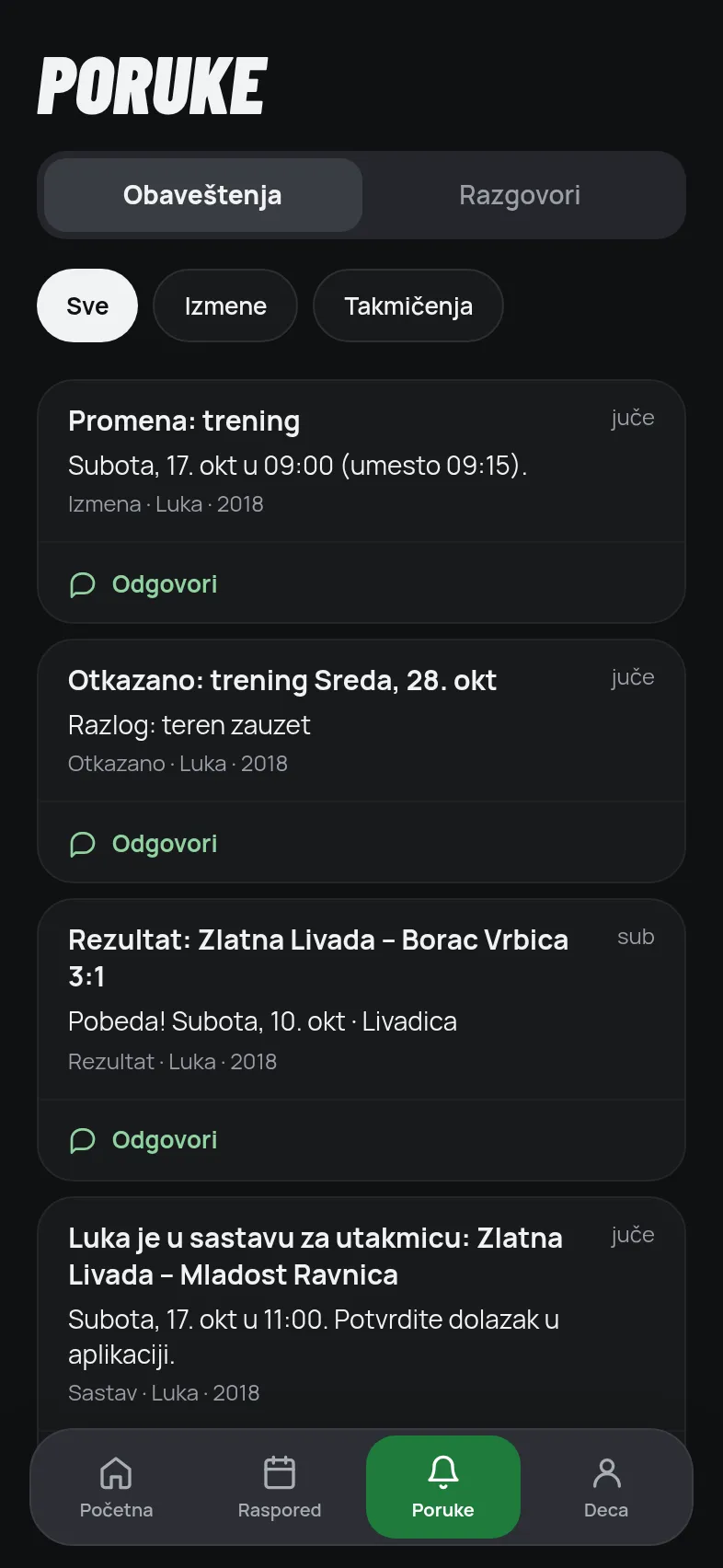 Poruke kluba u aplikaciji demo kluba.