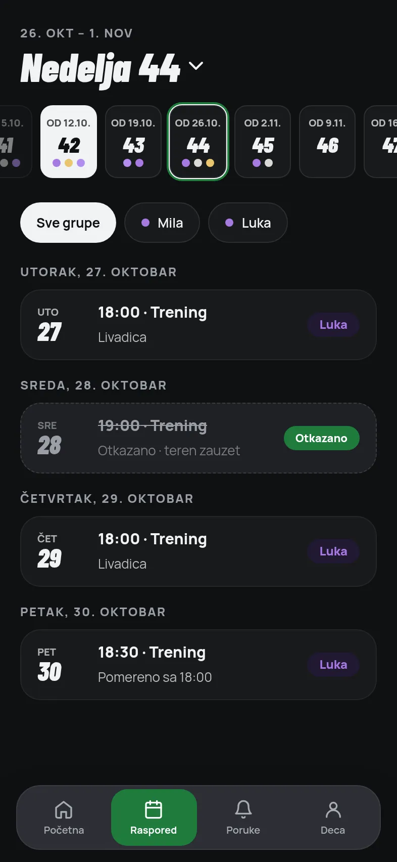 Raspored treninga i utakmica u aplikaciji demo kluba.