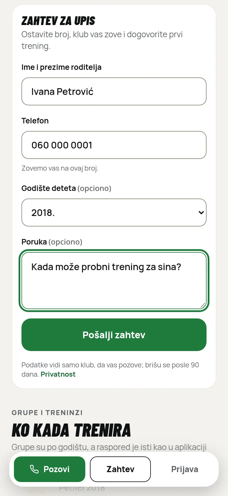 Javna strana kluba: forma za zahtev za upis sa imenom roditelja, telefonom, godištem deteta i porukom.